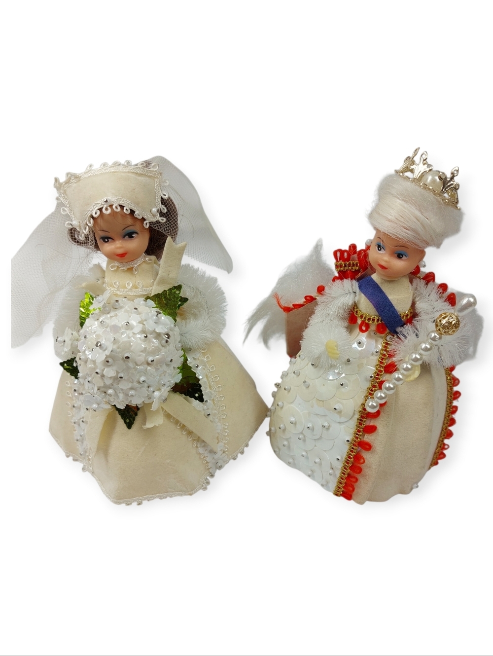 Vintage Beaded Sequin Push Pin Dolls Lot of 2 Bride and Queen Handmade
